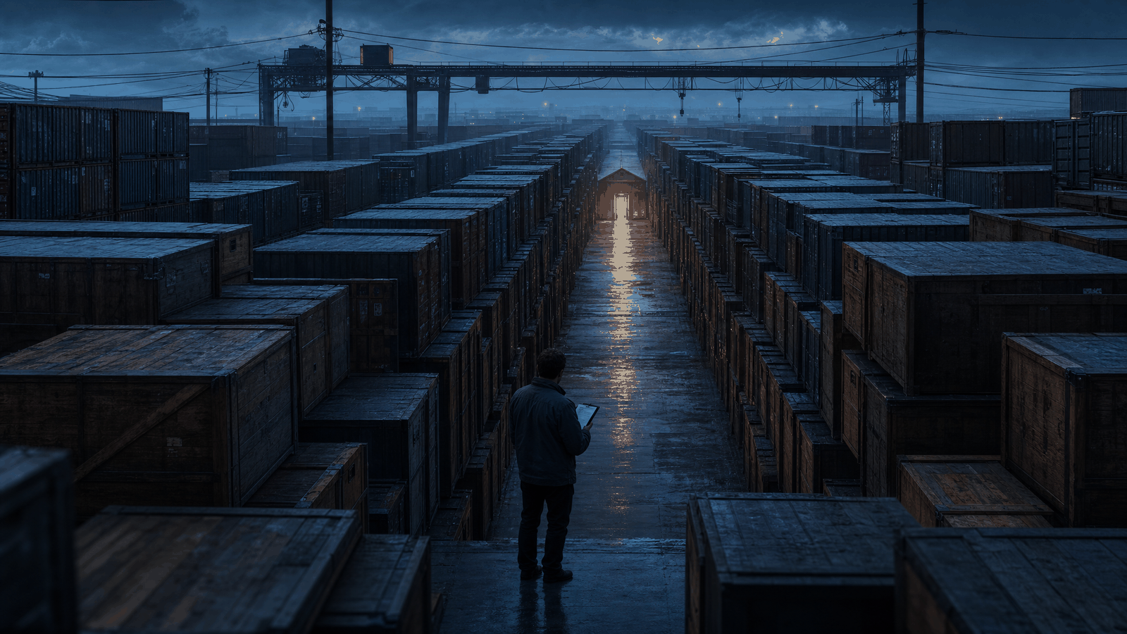 A vast freight yard at dusk, thousands of identical crates receding into the distance, all funneling toward a single lit narrow gate, with a lone worker holding a clipboard in the foreground.