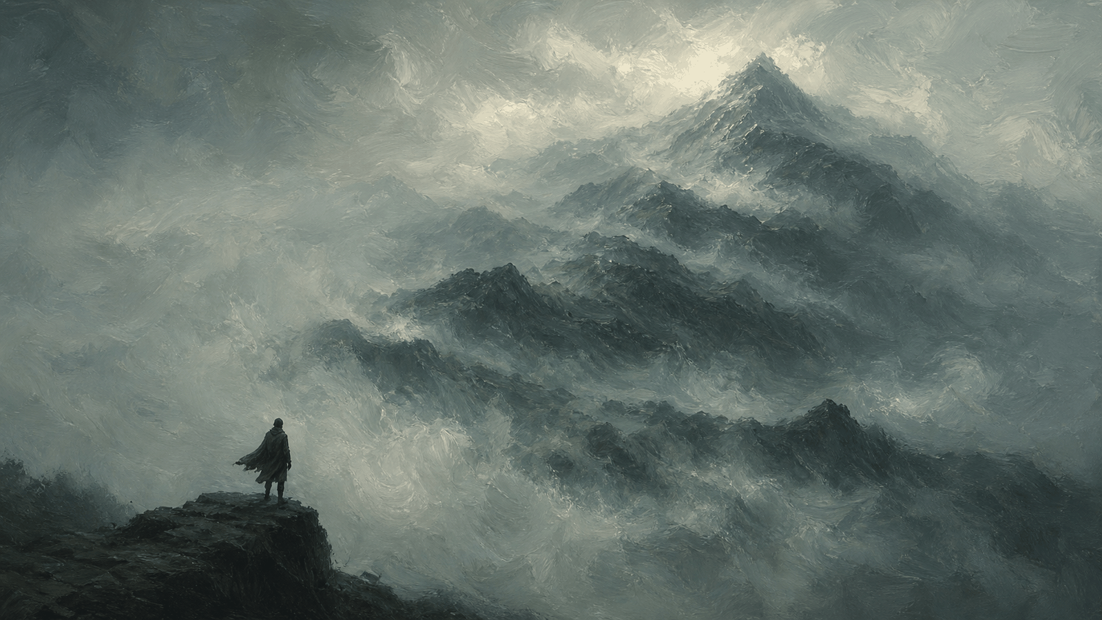 寫實魔幻油畫封面：雲霧繚繞的廬山，山嶺橫看成嶺側成峰，一人步至霧邊回望欲看清全貌