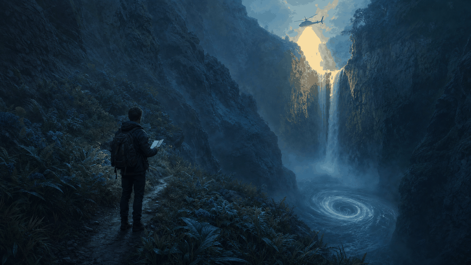 清晨霧氣瀰漫的峽谷步道，一名拿著筆記本的登山者站在陰影裡，遠方瀑布下的水潭捲成漩渦，一架直升機的探照燈打在瀑布頂端
